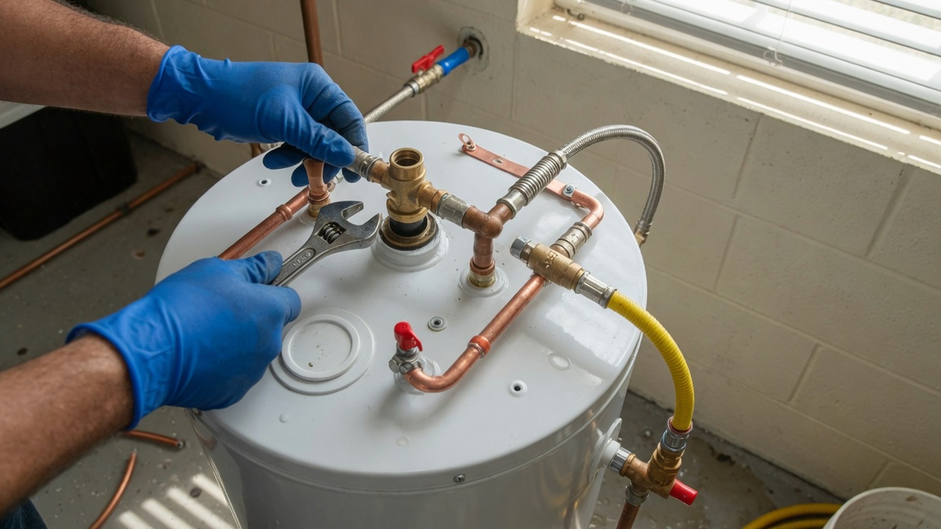 Residential water heater ready for service in a Miami garage